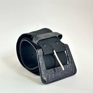 Vintage 80’s Black Patent Leather Faux Croc Buckle Stretch Belt